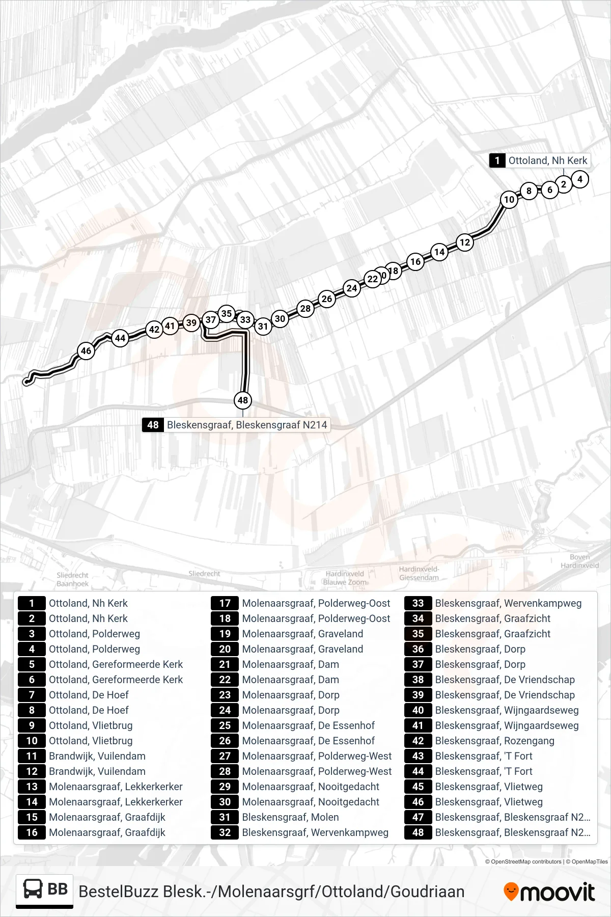 BB bus Line (Bleskensgraaf N214) route and stops on a map