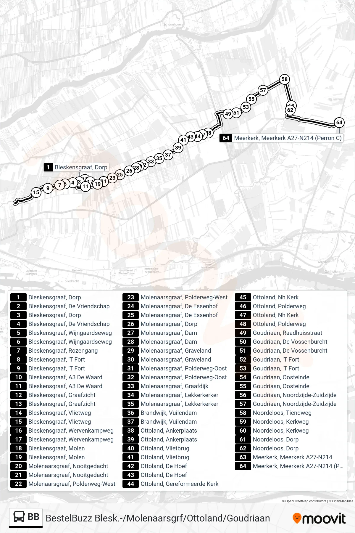 Lijn BB (bus, Meerkerk A27-N214): route en haltes op de kaart