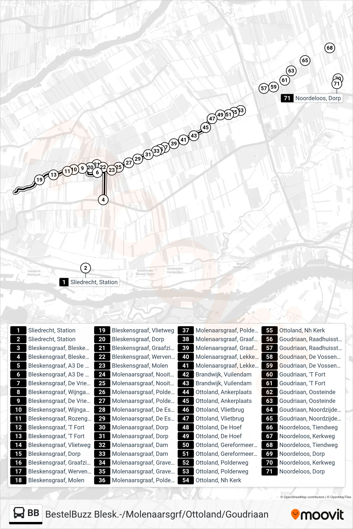 Linie BB (Bus) Richtung Bleskens- & Molenaarsgraaf: Route und Haltestellen auf der Karte