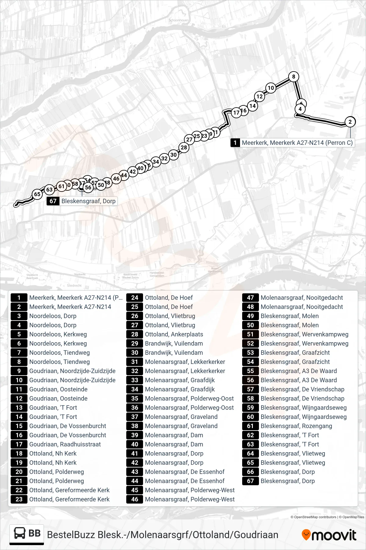 Lijn BB (bus, Goudriaan/Ottoland): route en haltes op de kaart