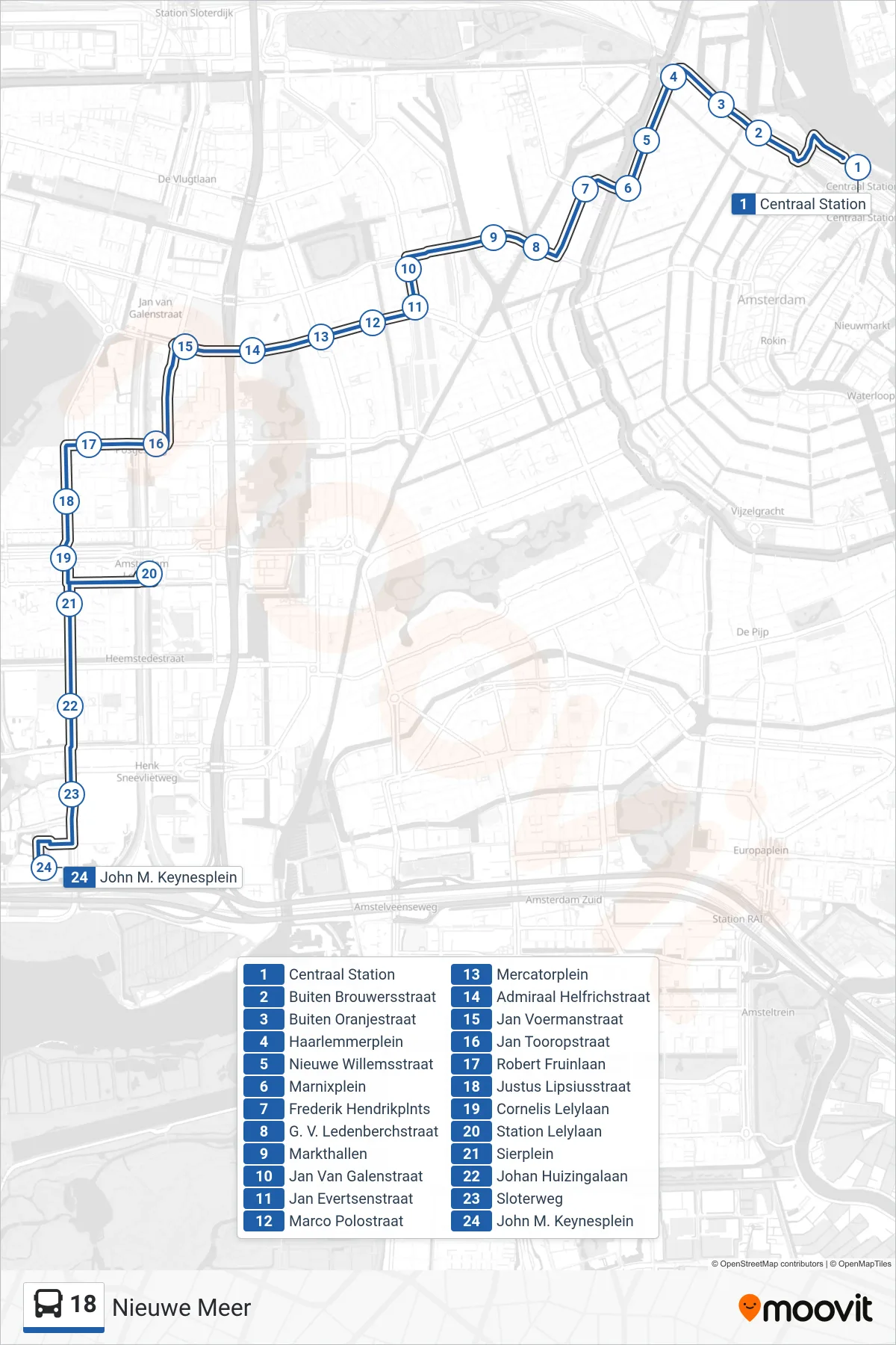 Lijn 18 (bus, Nieuwe Meer): route en haltes op de kaart