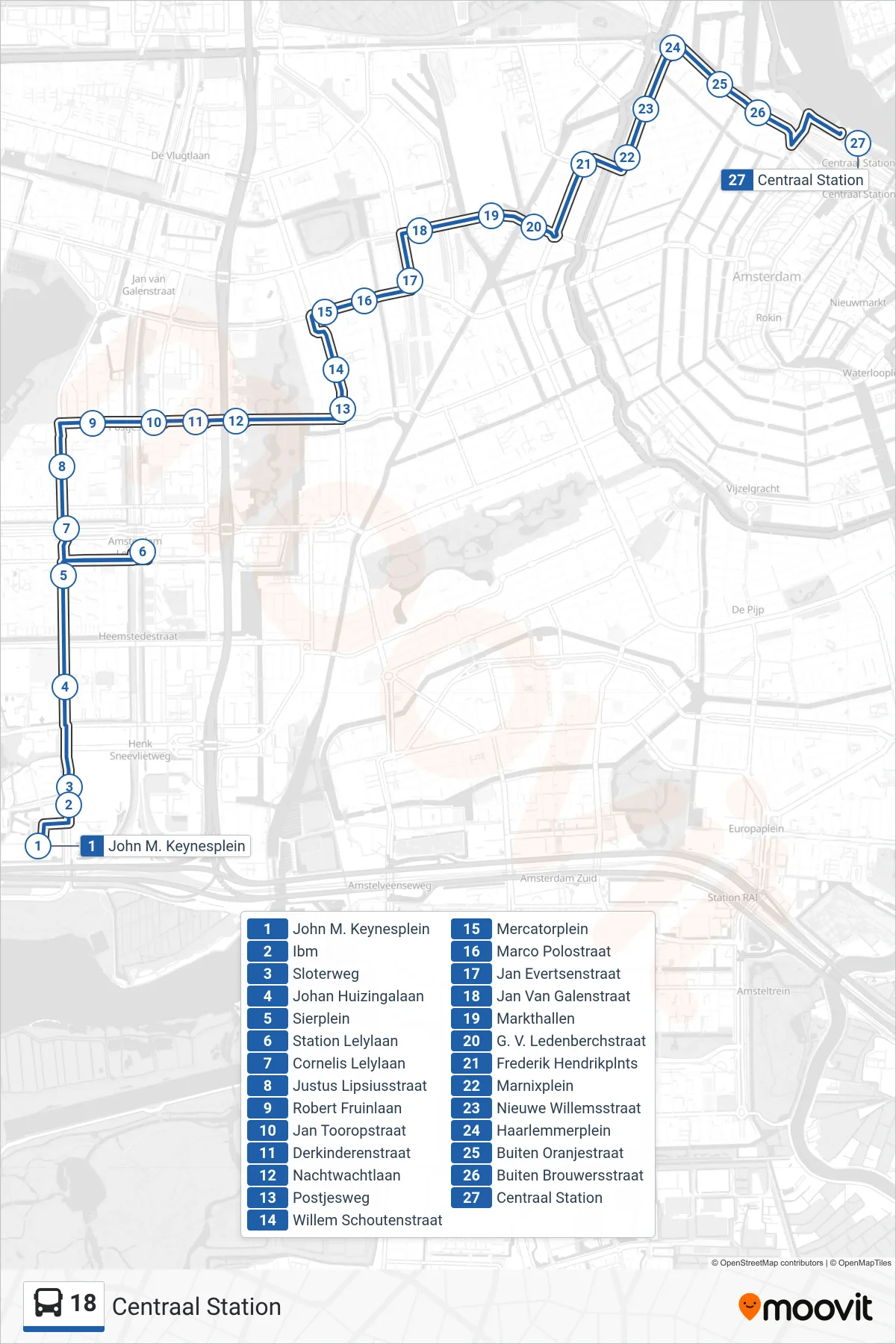 Lijn 18 (bus, Centraal Station): route en haltes op de kaart