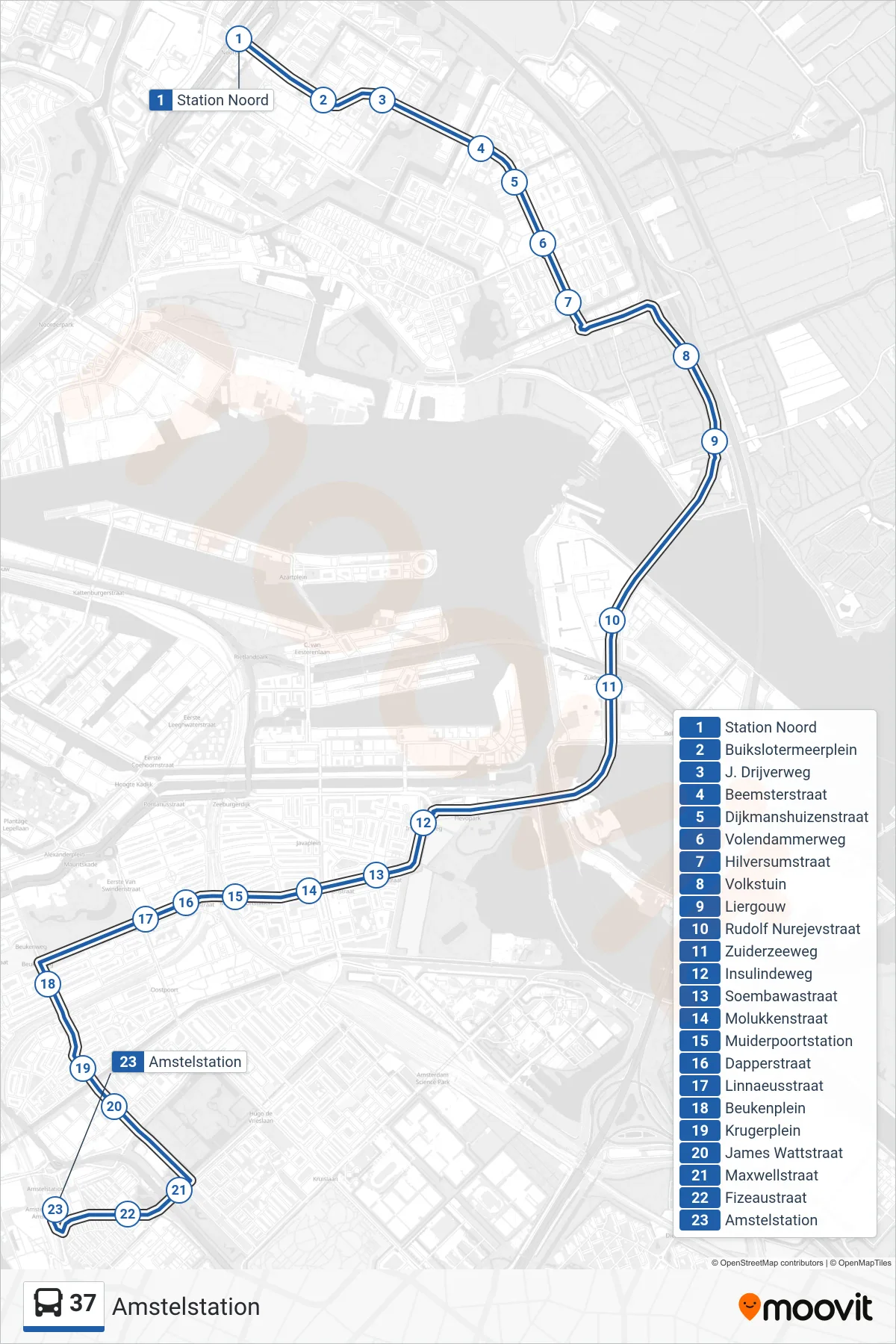 Lijn 37 (bus, Amstelstation): route en haltes op de kaart