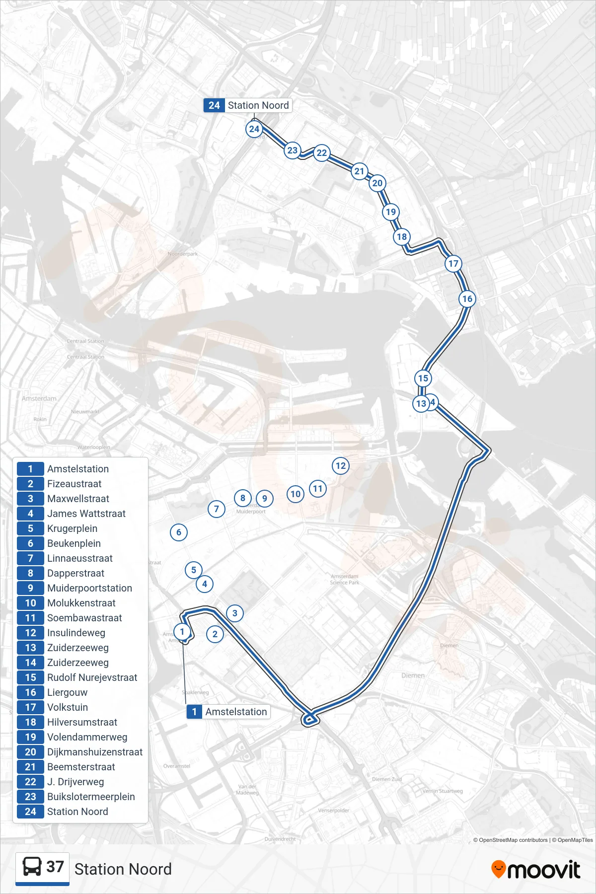 Lijn 37 (bus, Station Noord): route en haltes op de kaart