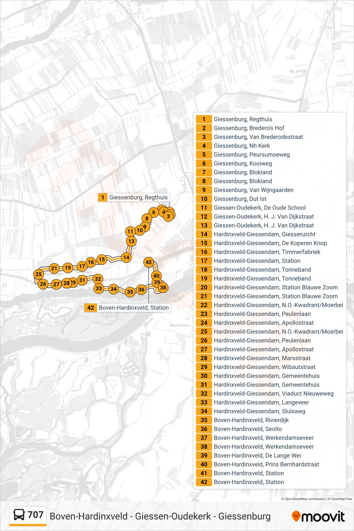 707 bus Line (Boven-Hardinxveld) route and stops on a map