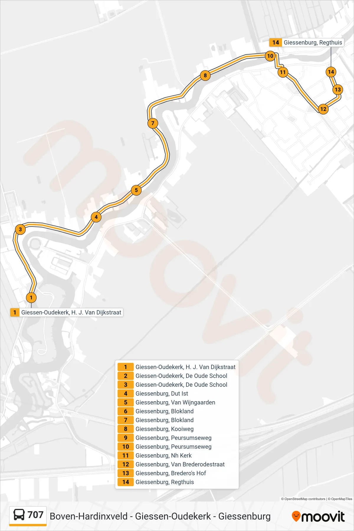 Lijn 707 (bus, Gorinchem): route en haltes op de kaart