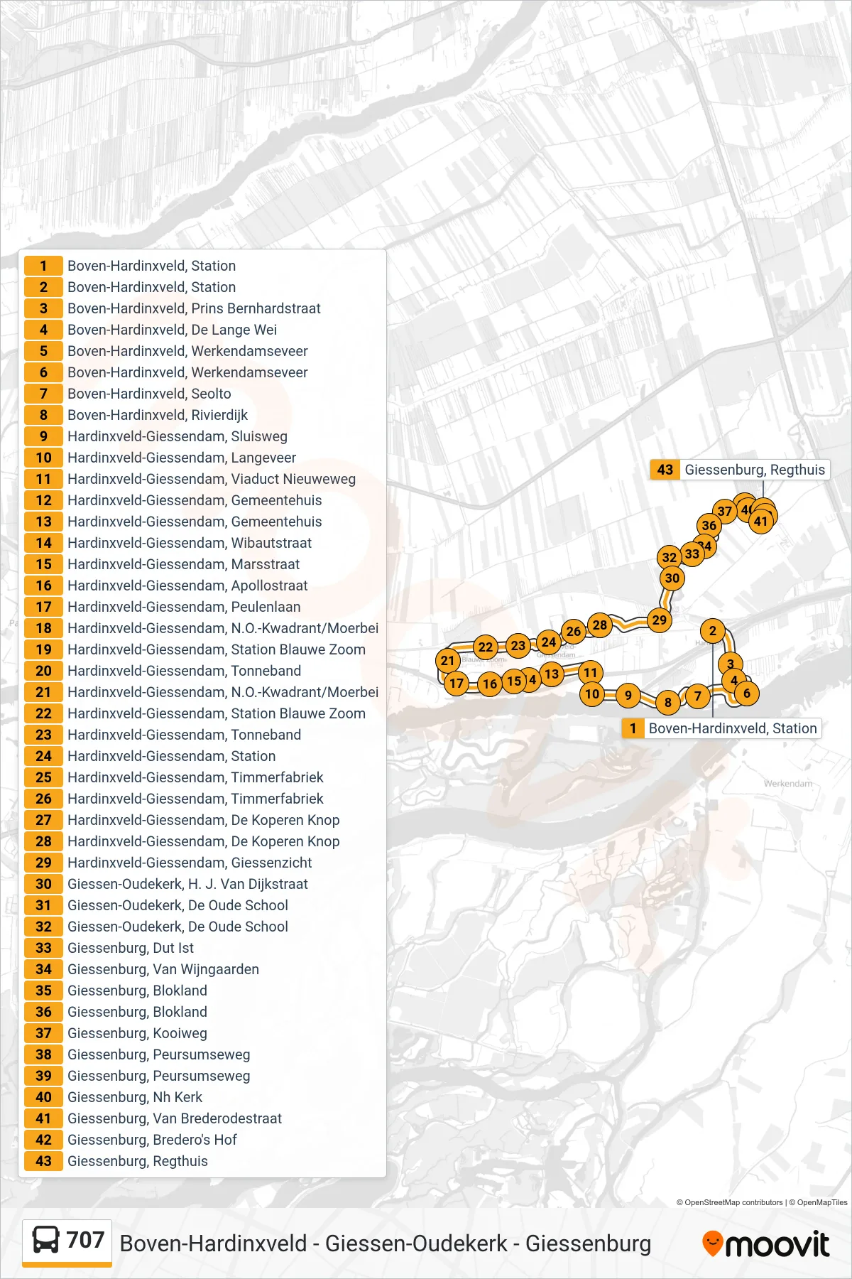 Lijn 707 (bus, Giessenburg): route en haltes op de kaart