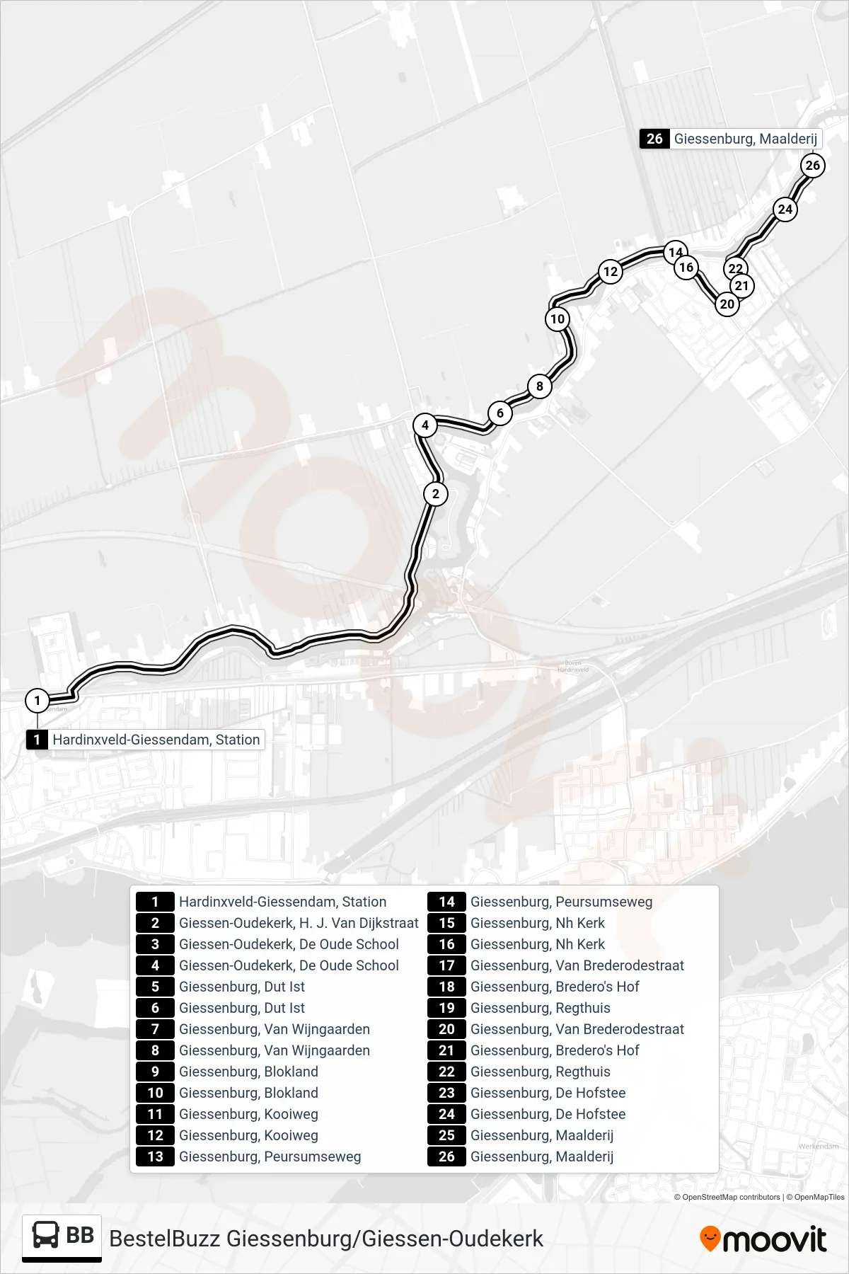 BB bus Line (Giessen-Oudekerk) route and stops on a map