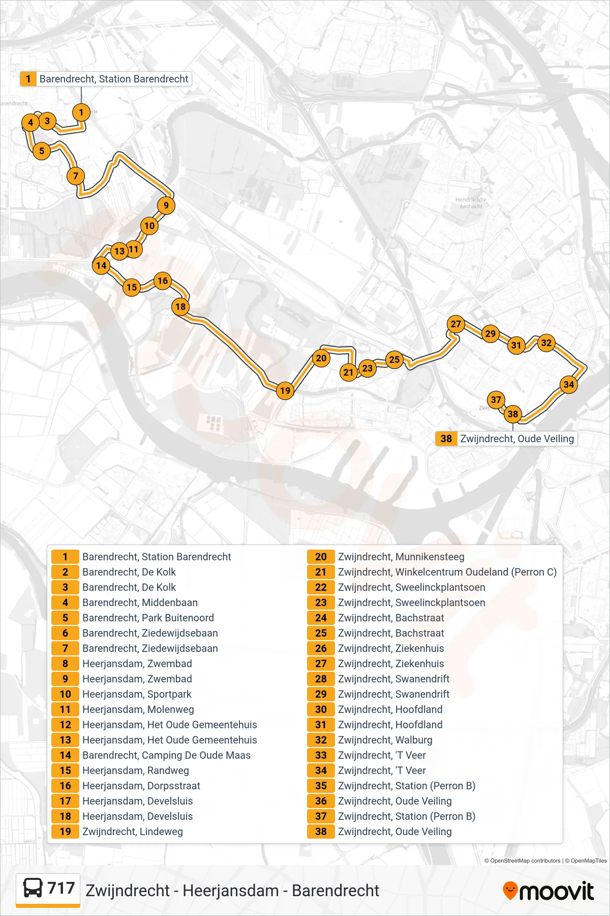 Lijn 717 (bus, Zwijndrecht): route en haltes op de kaart