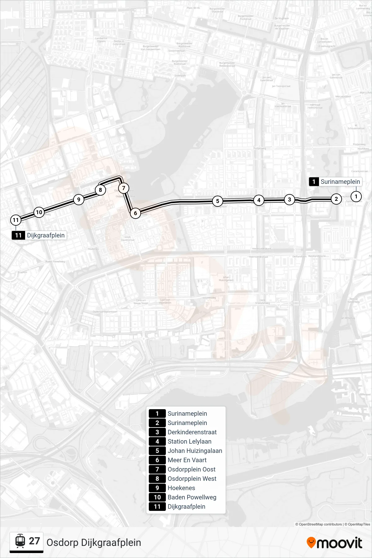 Lijn 27 (tram, Osdorp Dijkgraafplein): route en haltes op de kaart