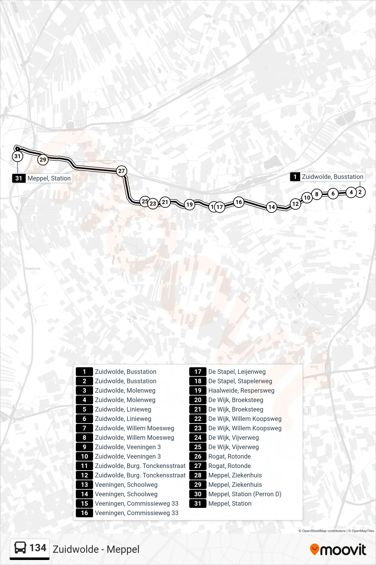Lijn 134 (bus, Meppel Ns): route en haltes op de kaart