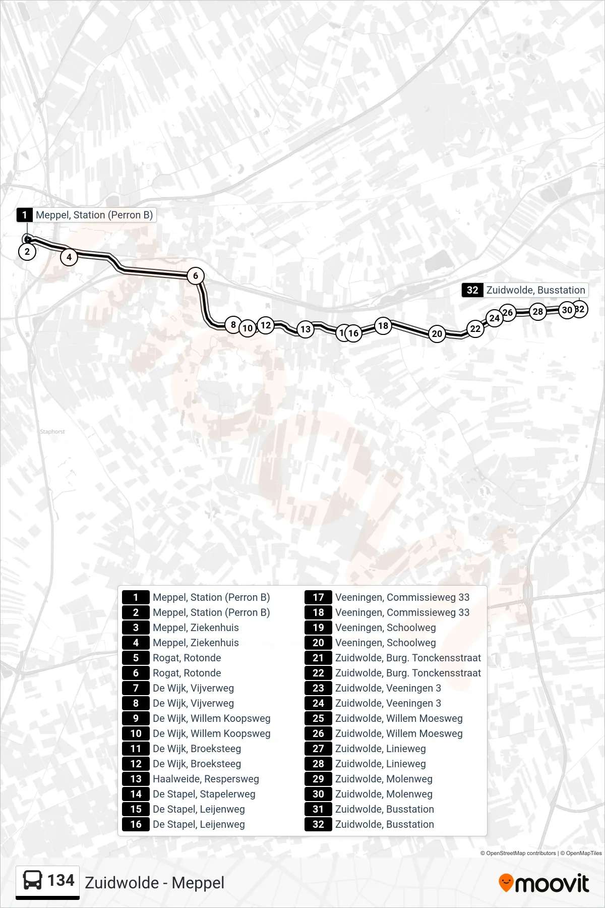 Lijn 134 (bus, Zuidwolde): route en haltes op de kaart