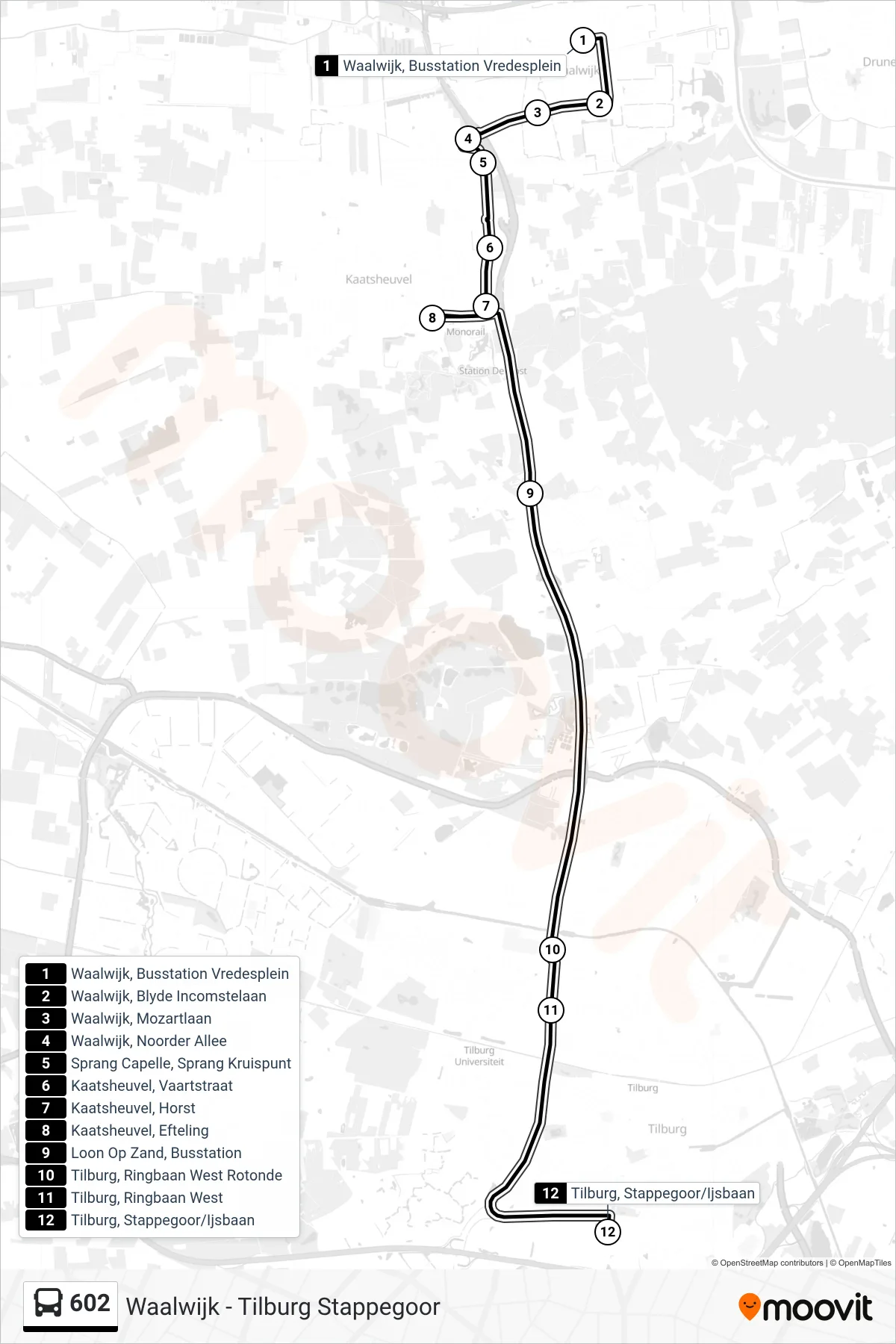 Lijn 602 (bus, Tilburg): route en haltes op de kaart
