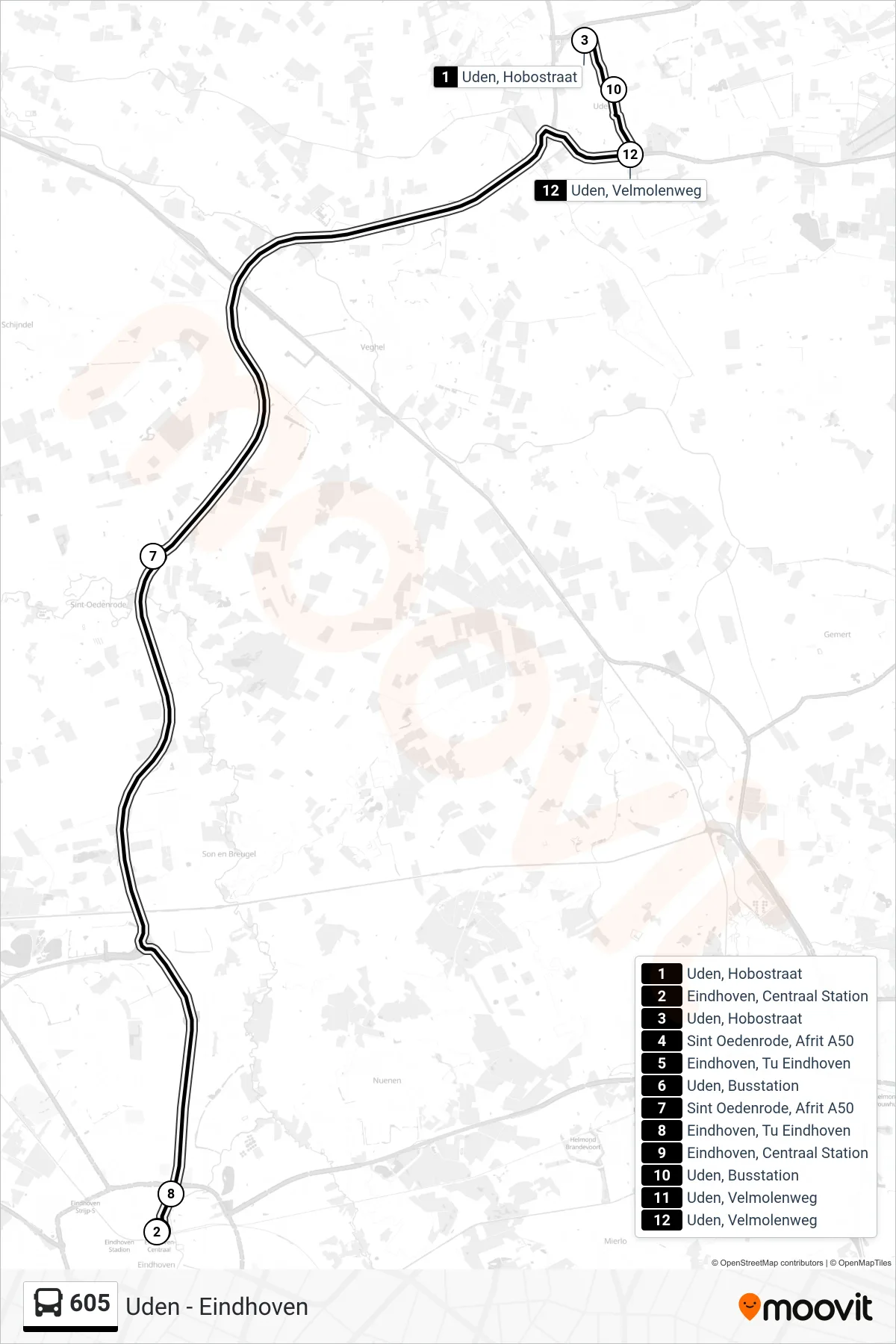 Lijn 605 (bus, Eindhoven Sneldienst): route en haltes op de kaart