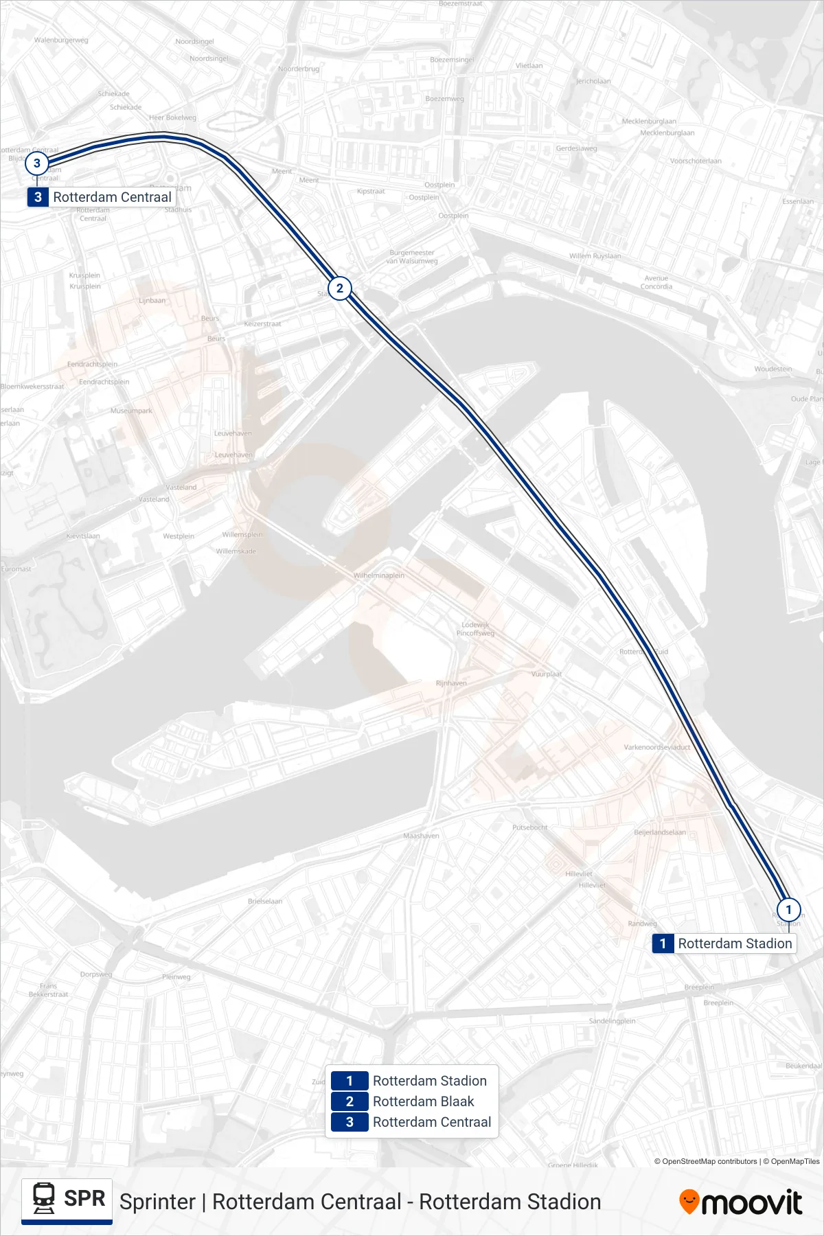 Lijn SPR (trein, Rotterdam Centraal): route en haltes op de kaart