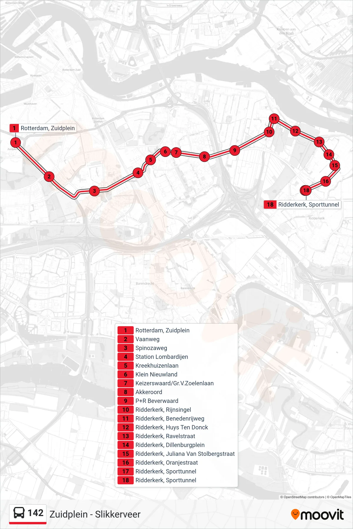 Lijn 142 (bus, Slikkerveer): route en haltes op de kaart