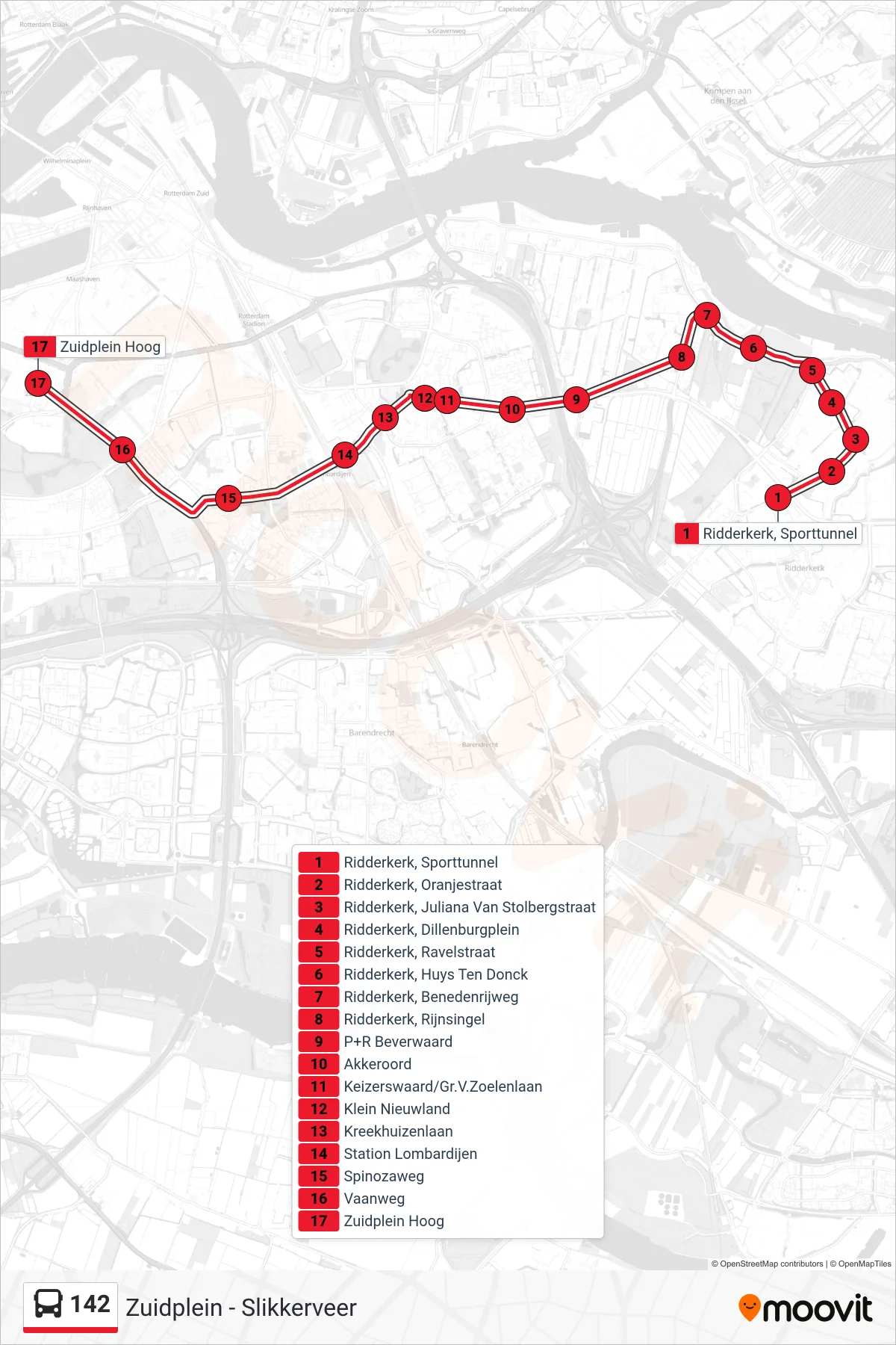 Lijn 142 (bus, Zuidplein): route en haltes op de kaart