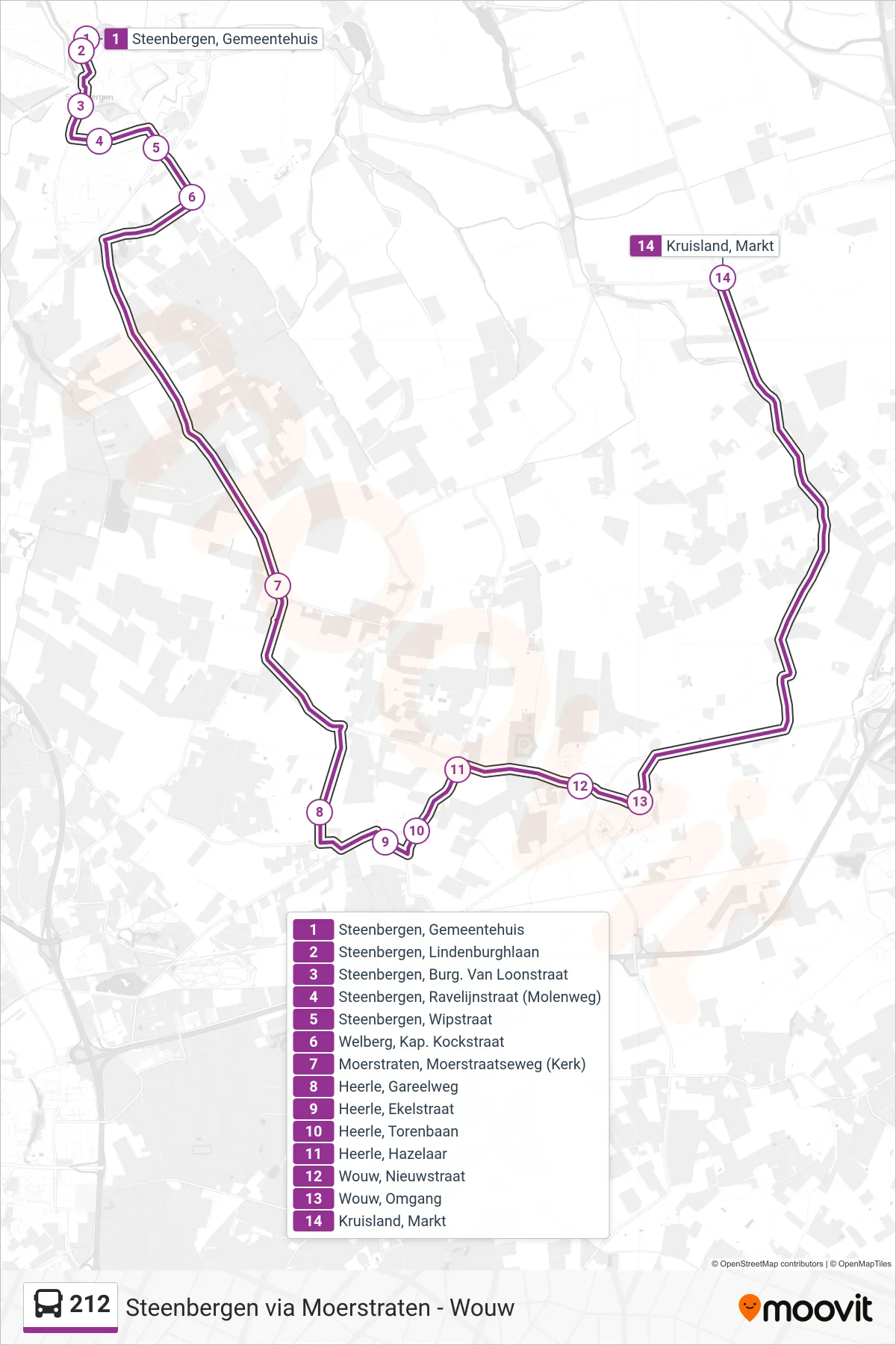Lijn 212 (bus, Wouw Kruisland): route en haltes op de kaart