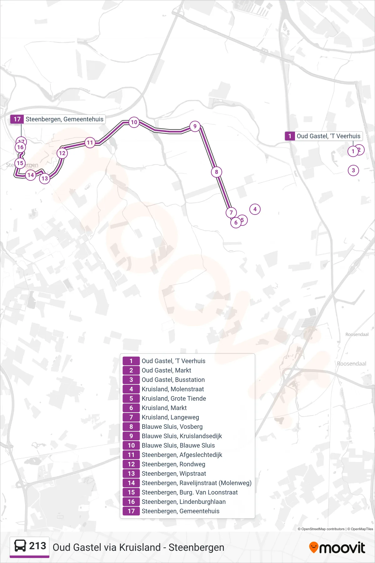 Lijn 213 (bus, Steenbergen): route en haltes op de kaart