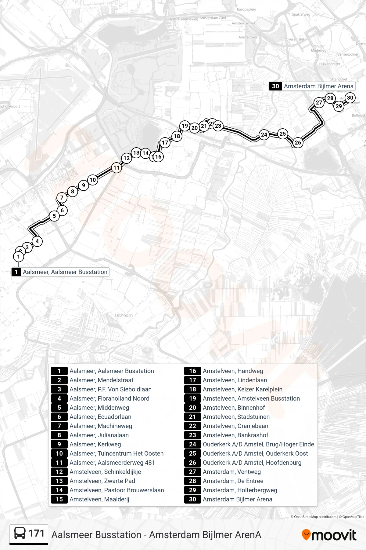 Lijn 171 (bus, Bijlmer Arena Amsterdam): route en haltes op de kaart