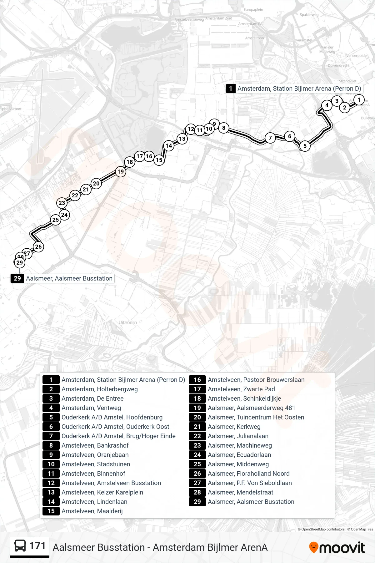 Lijn 171 (bus, Aalsmeer Busst.): route en haltes op de kaart