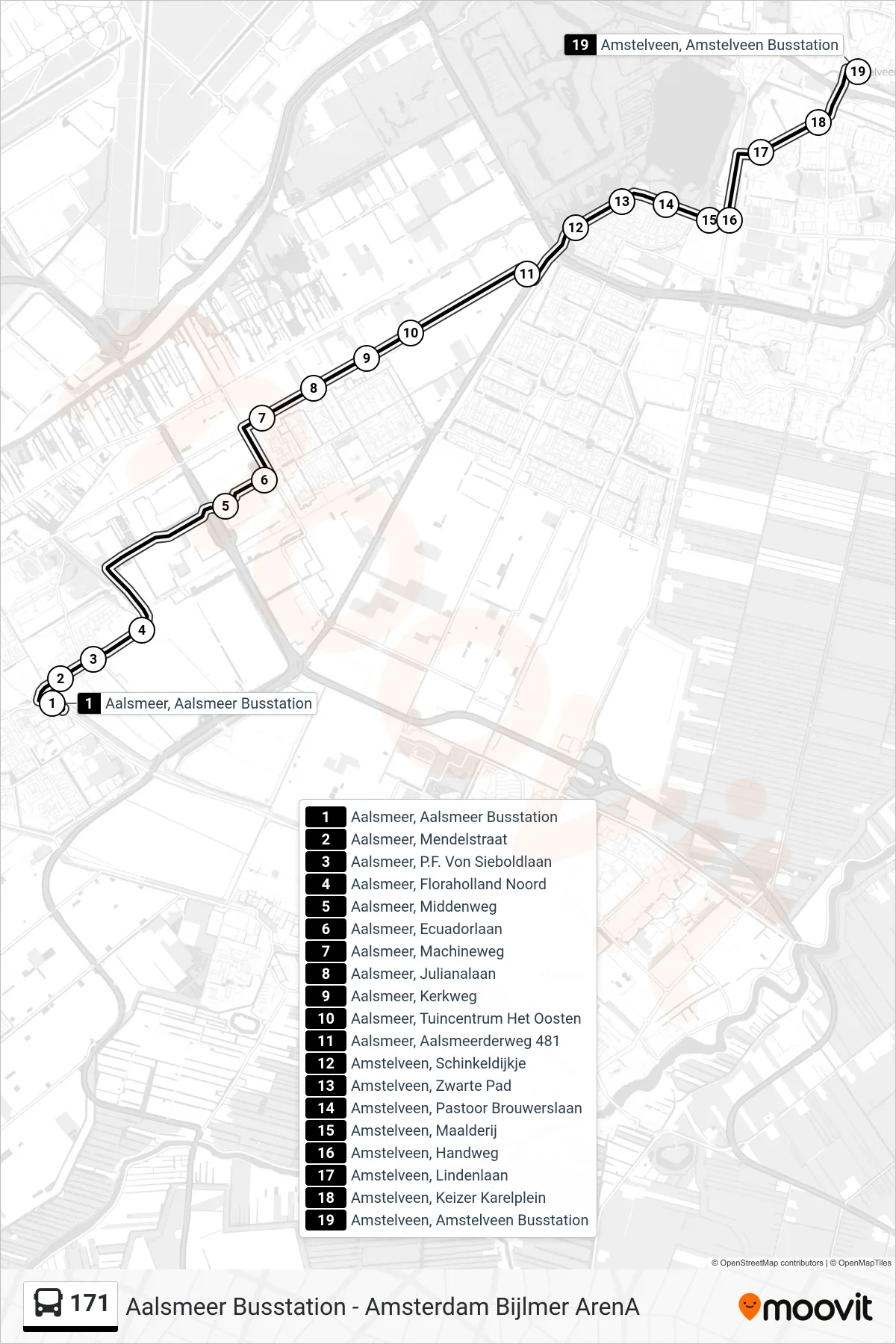 Lijn 171 (bus, Amstelveen Busst.): route en haltes op de kaart