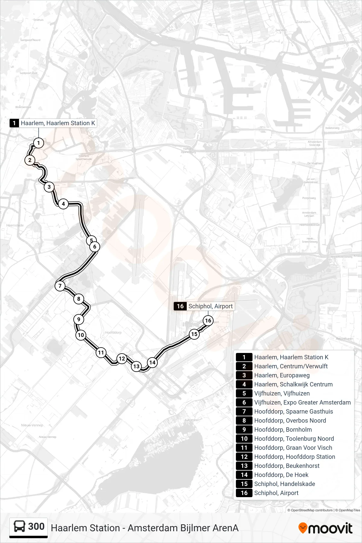 Lijn 300 (bus, Schiphol Airport): route en haltes op de kaart