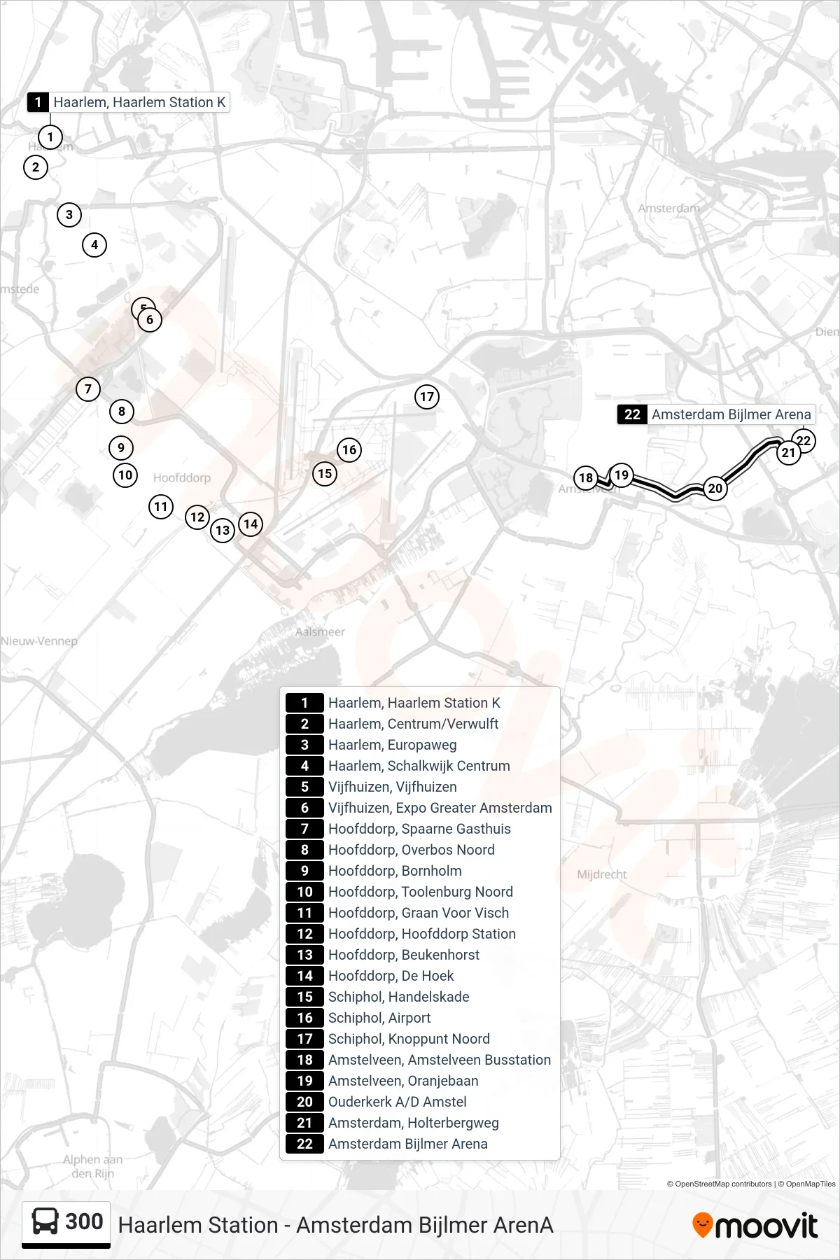 Lijn 300 (bus, Bijlmer Arena Amsterdam): route en haltes op de kaart