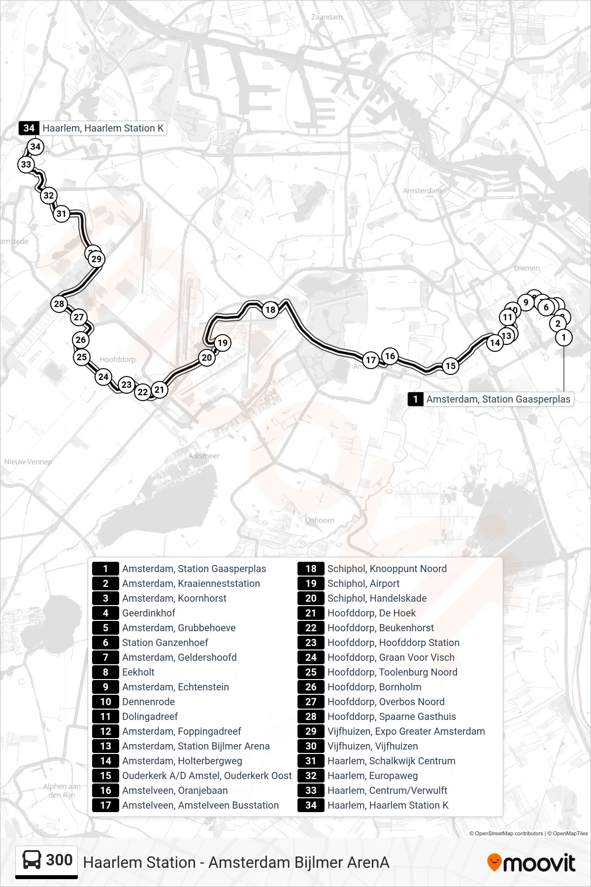 300 bus Line (Haarlem Station) route and stops on a map