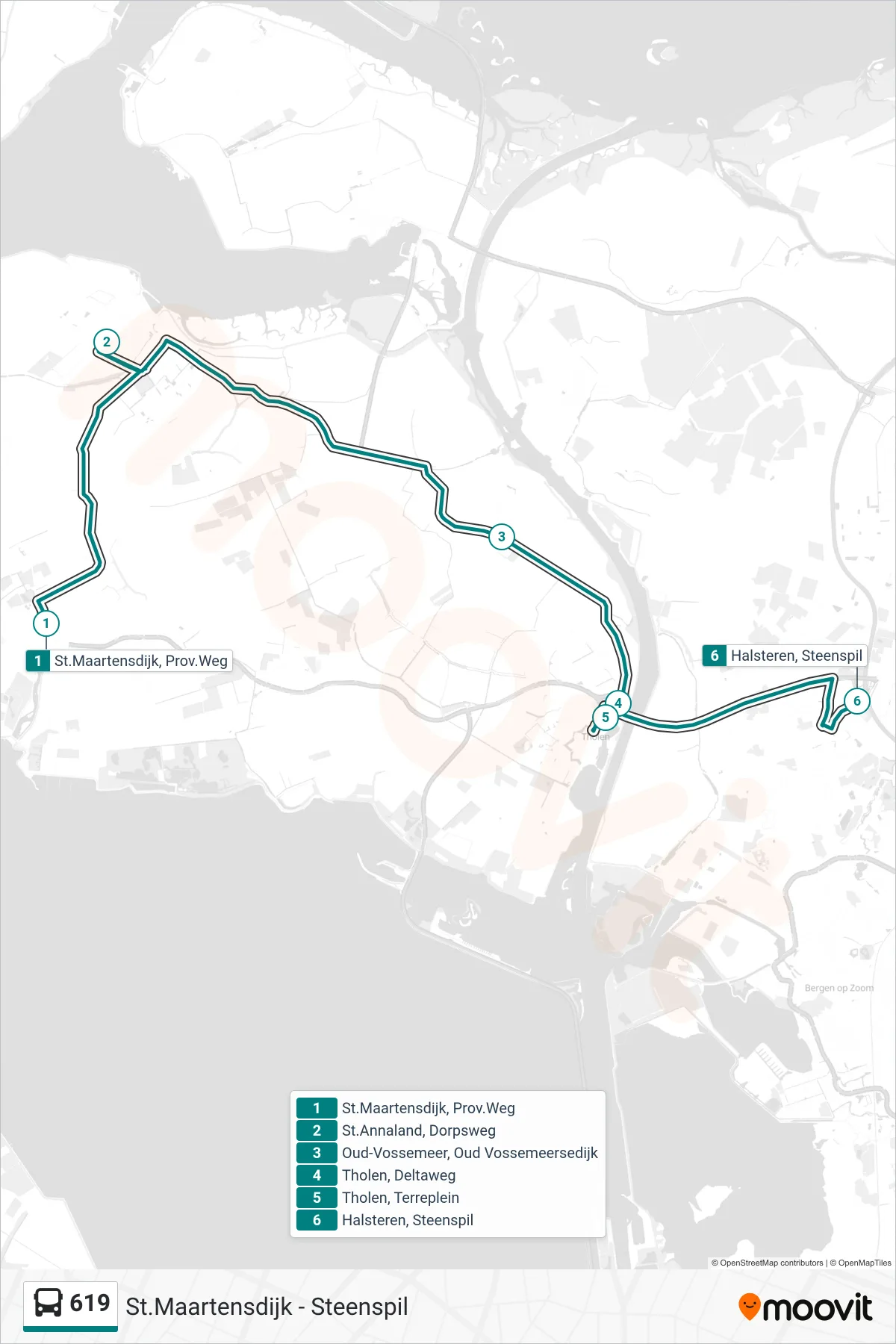 Lijn 619 (bus, Halsteren Steenspil): route en haltes op de kaart