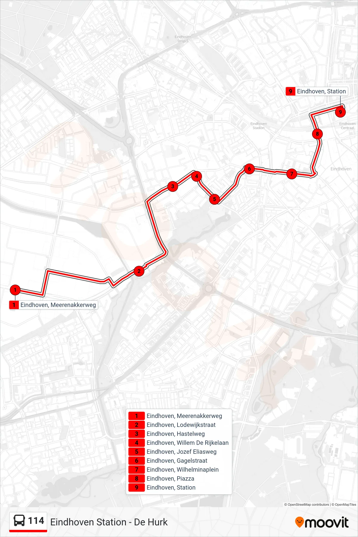 Lijn 114 (bus, Eindhoven Station): route en haltes op de kaart