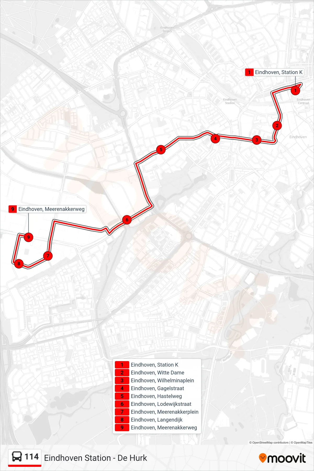 Lijn 114 (bus, De Hurk): route en haltes op de kaart