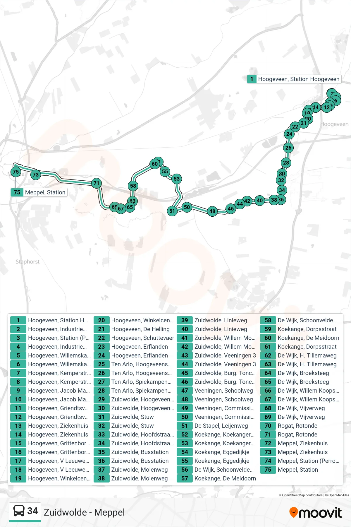 Lijn 34 (bus, Meppel): route en haltes op de kaart