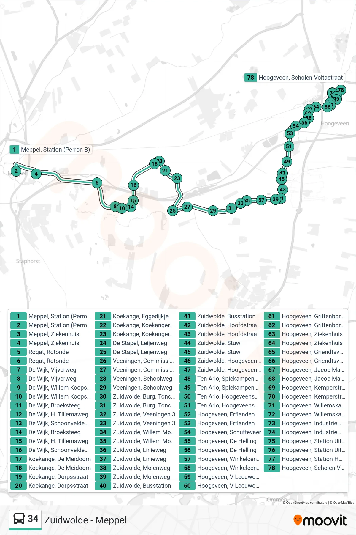 Linie 34 (Bus) Richtung Hoogeveen: Route und Haltestellen auf der Karte
