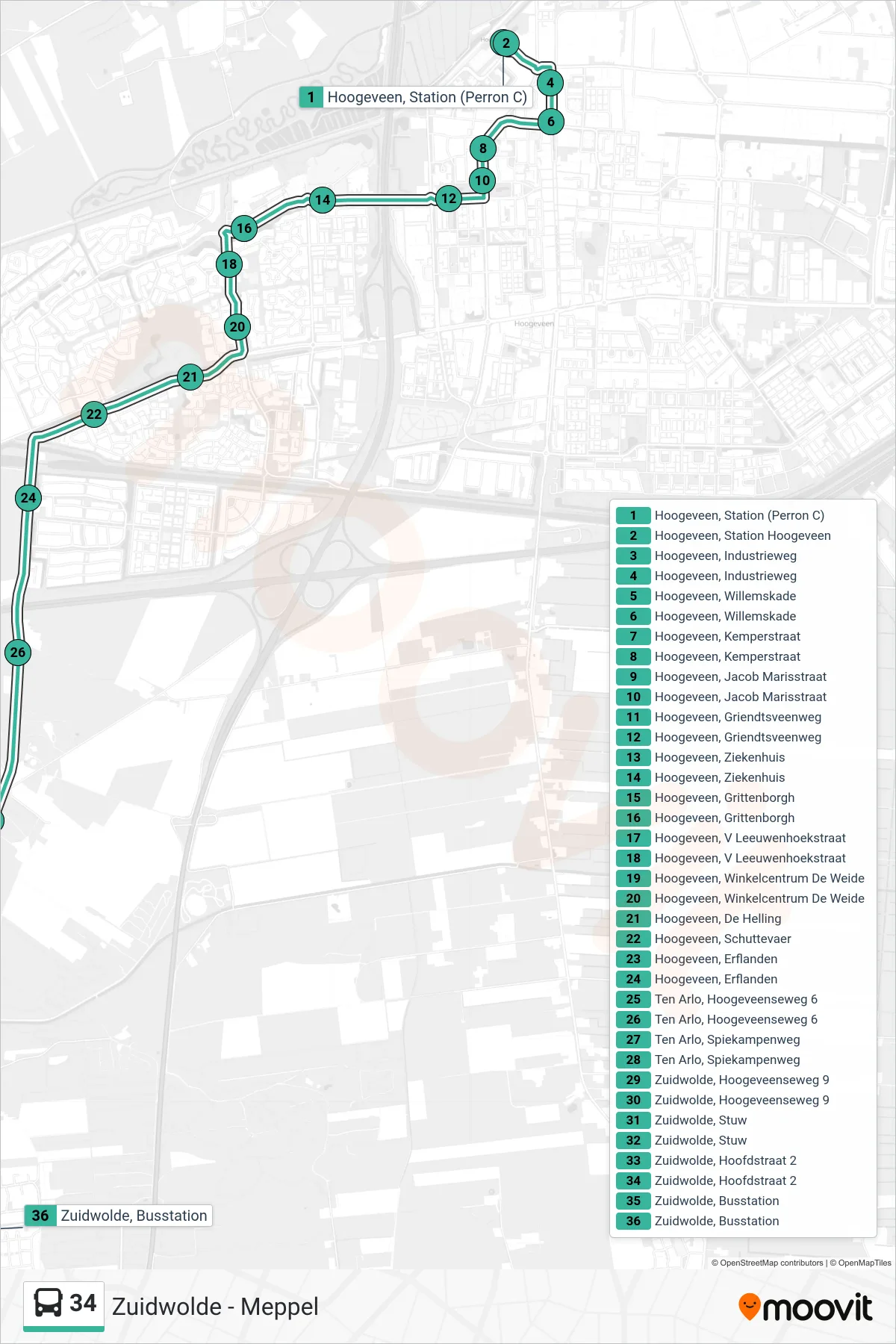 Lijn 34 (bus, Zuidwolde): route en haltes op de kaart