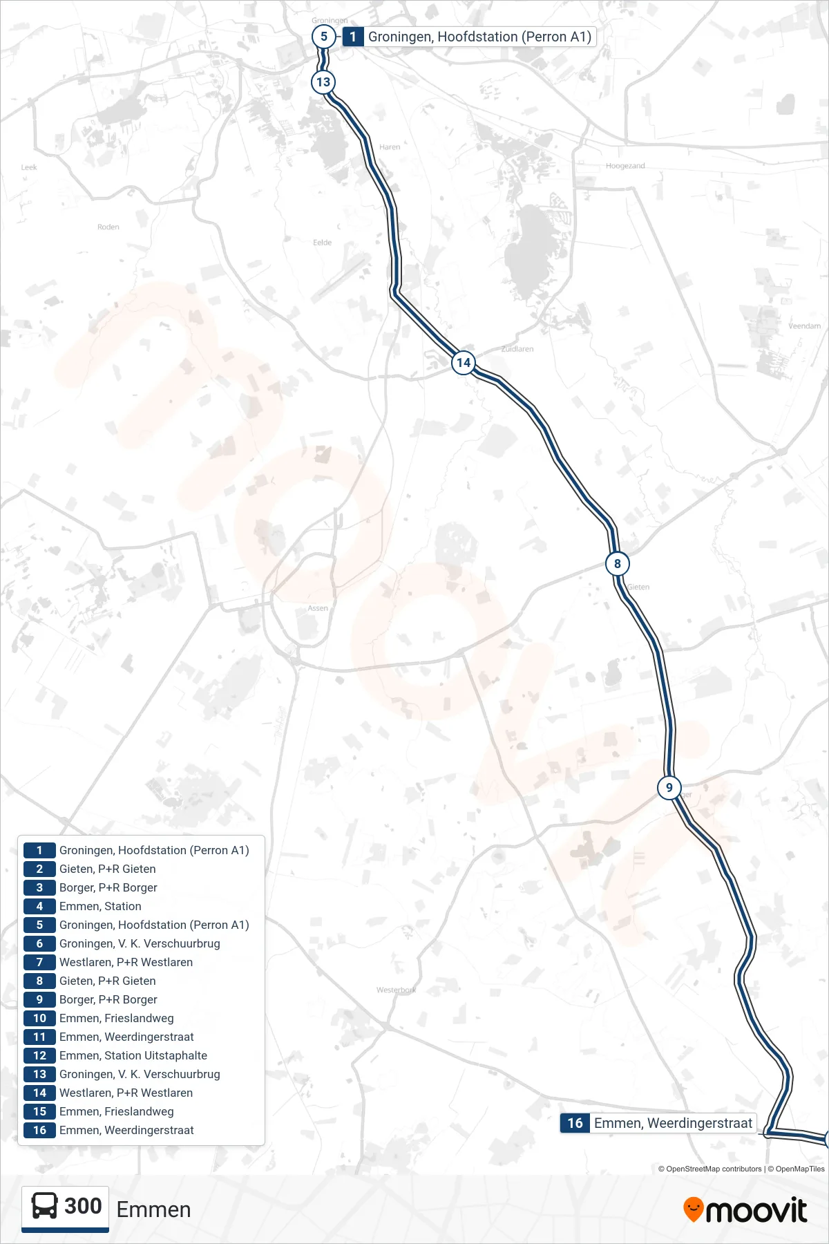 Linie 300 (Bus) Richtung Emmen: Route und Haltestellen auf der Karte