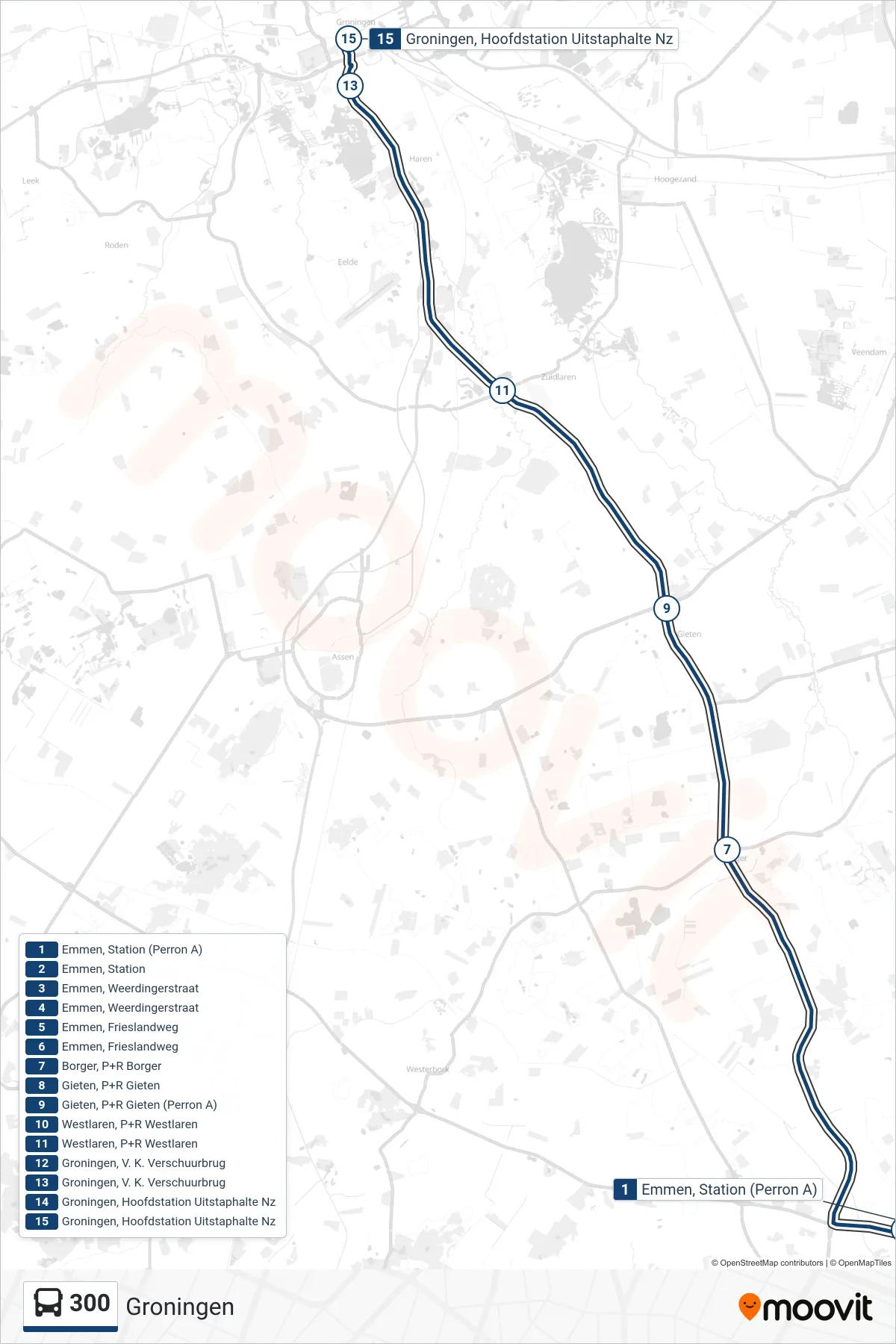 Lijn 300 (bus, Groningen): route en haltes op de kaart