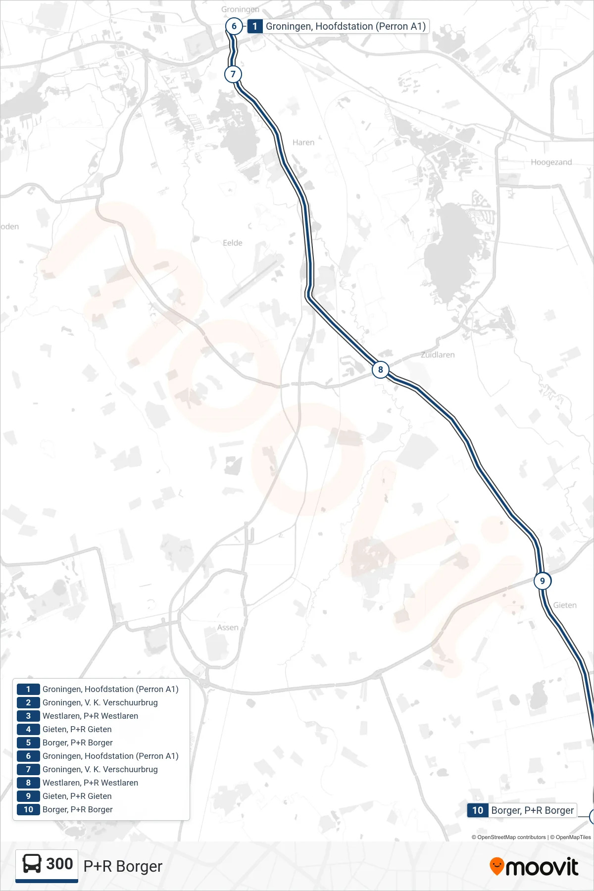 Lijn 300 (bus, P+R Borger): route en haltes op de kaart