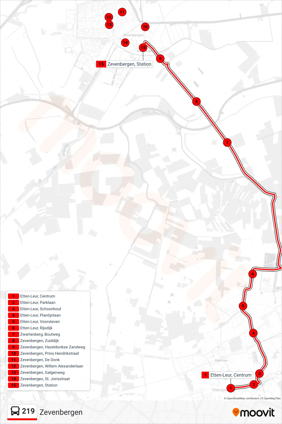 Lijn 219 (bus, Zevenbergen): route en haltes op de kaart