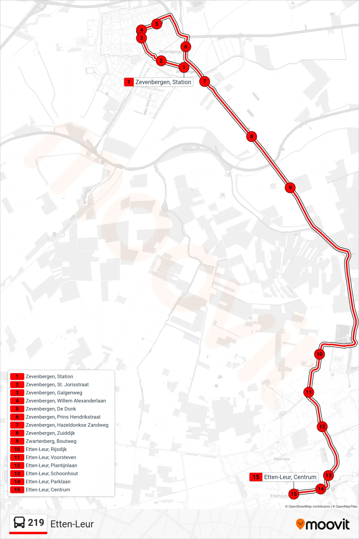 Lijn 219 (bus, Etten-Leur): route en haltes op de kaart