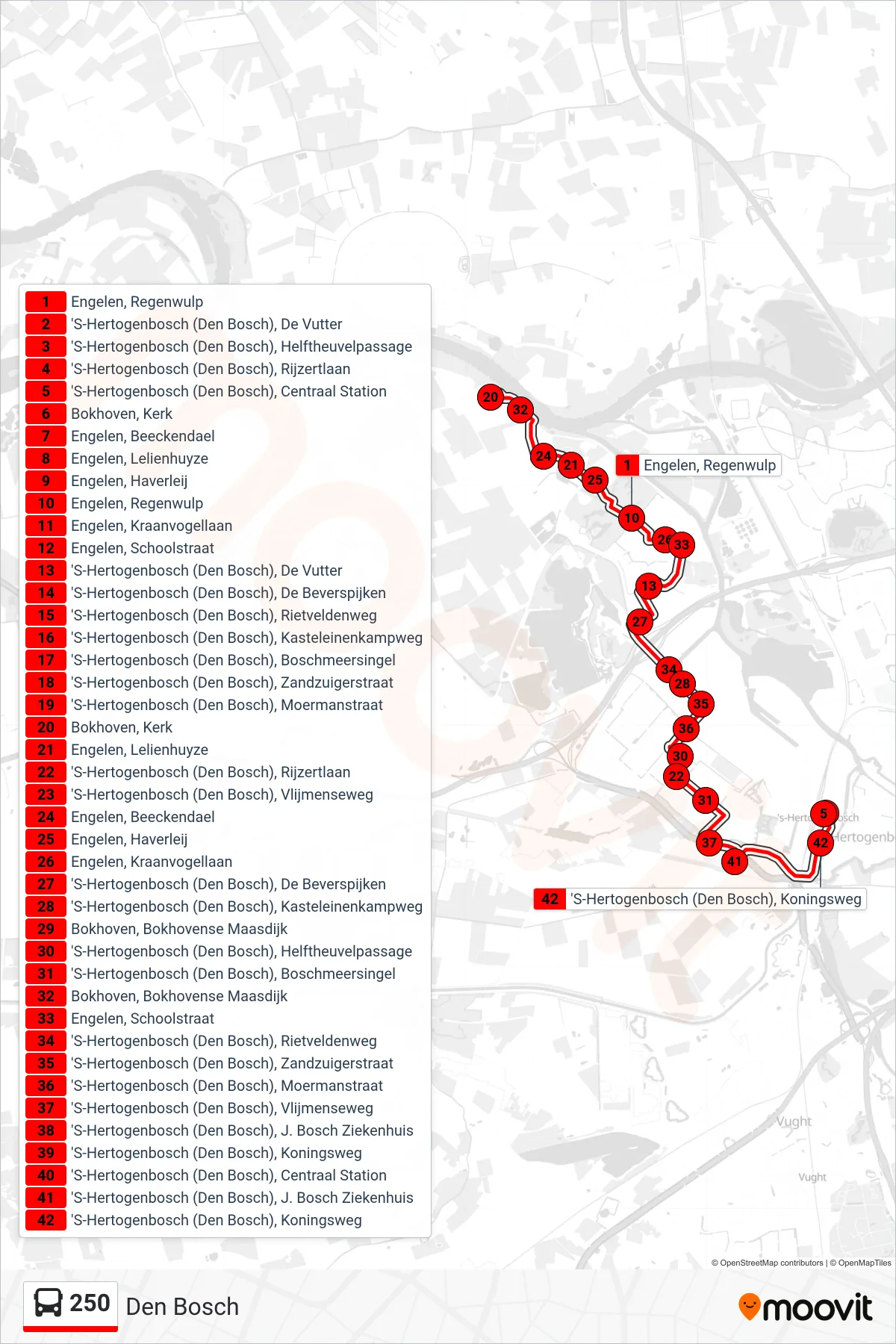 Lijn 250 (bus, Den Bosch): route en haltes op de kaart