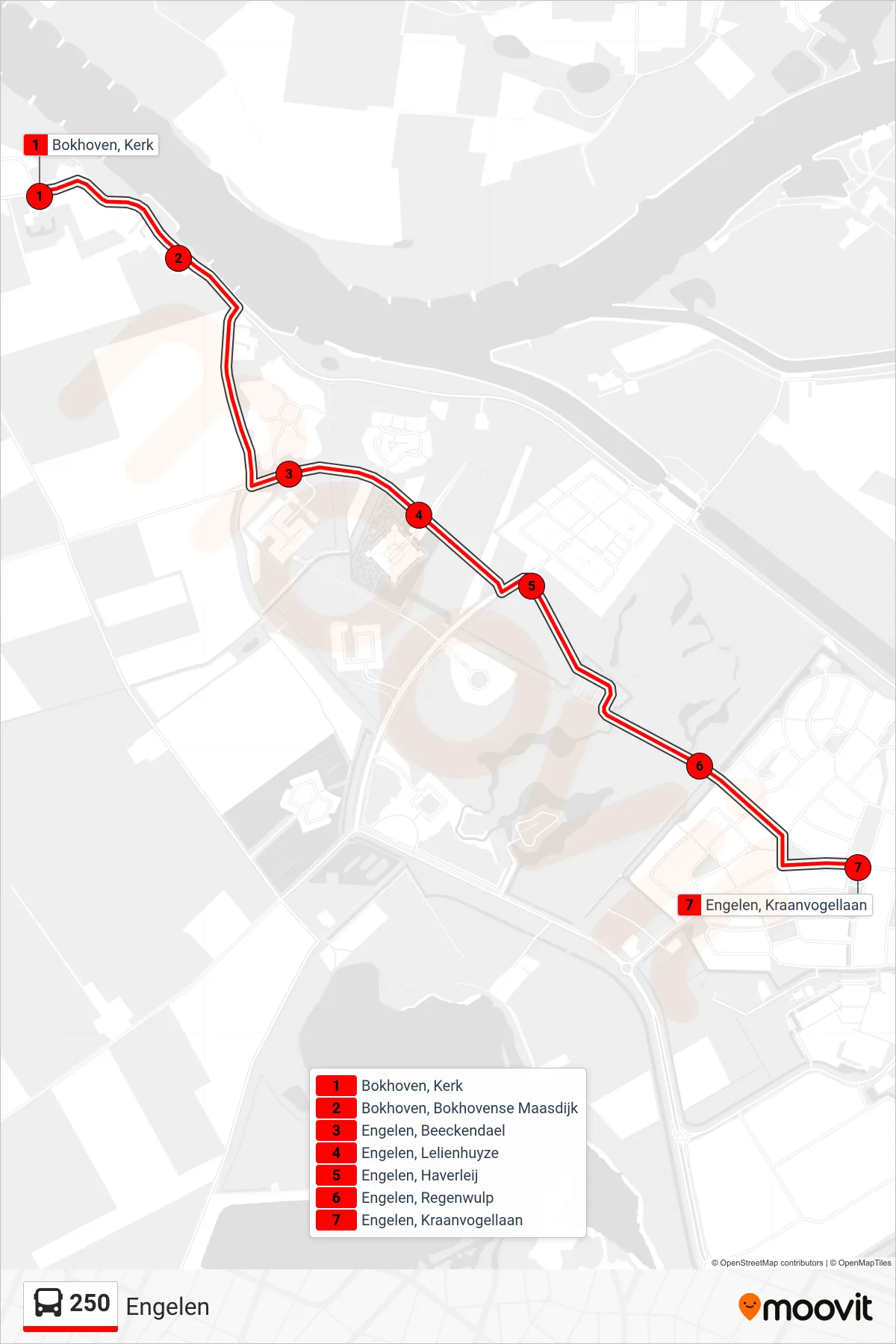 Lijn 250 (bus, Engelen): route en haltes op de kaart