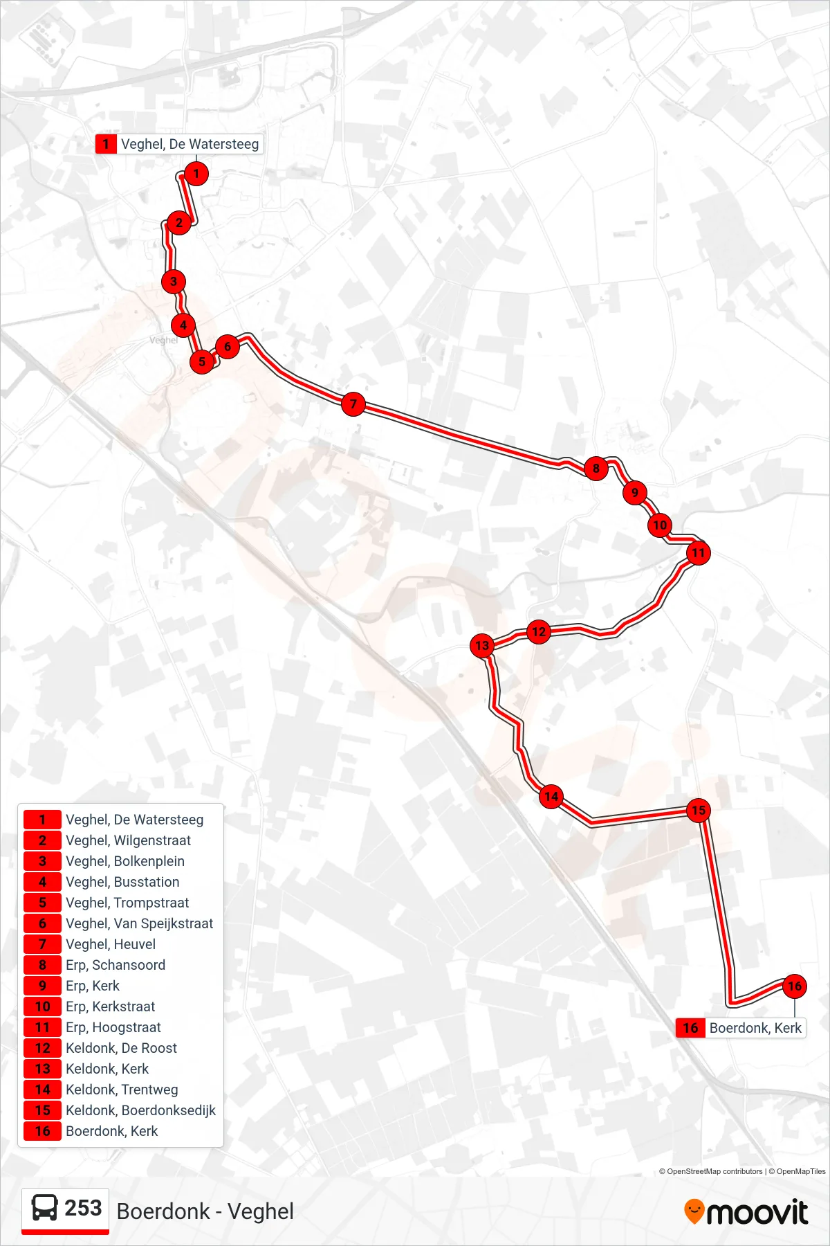 Lijn 253 (bus, Boerdonk): route en haltes op de kaart