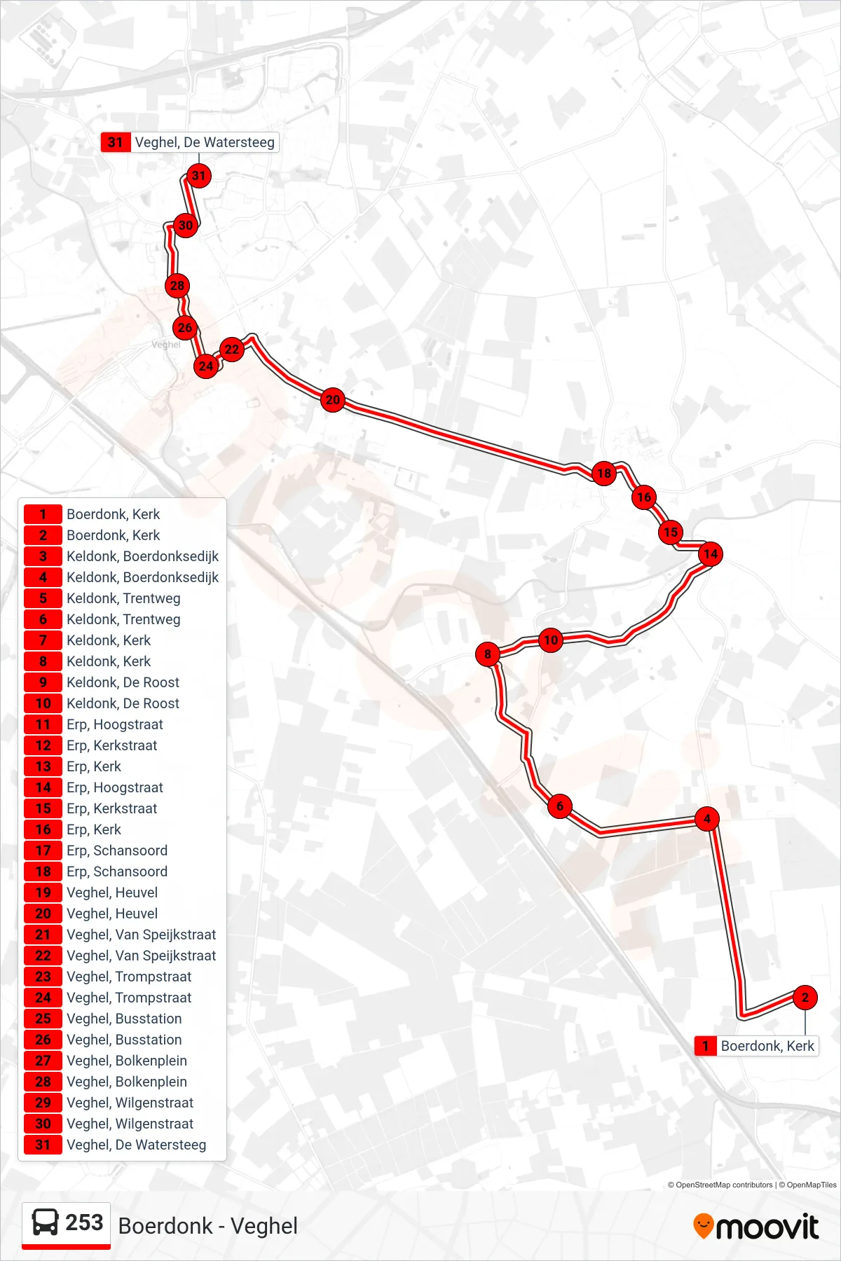 Lijn 253 (bus, Veghel): route en haltes op de kaart