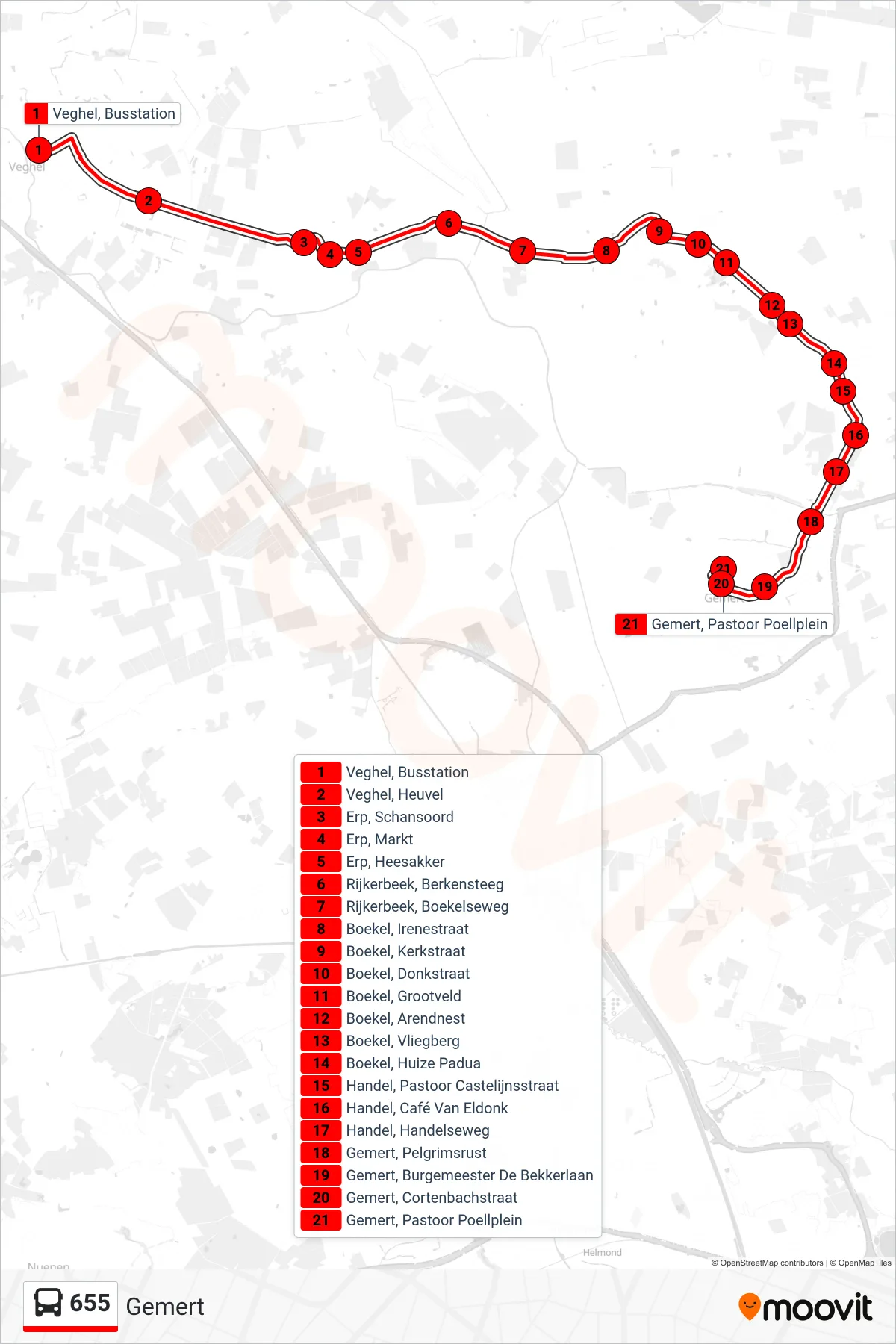Lijn 655 (bus, Gemert): route en haltes op de kaart