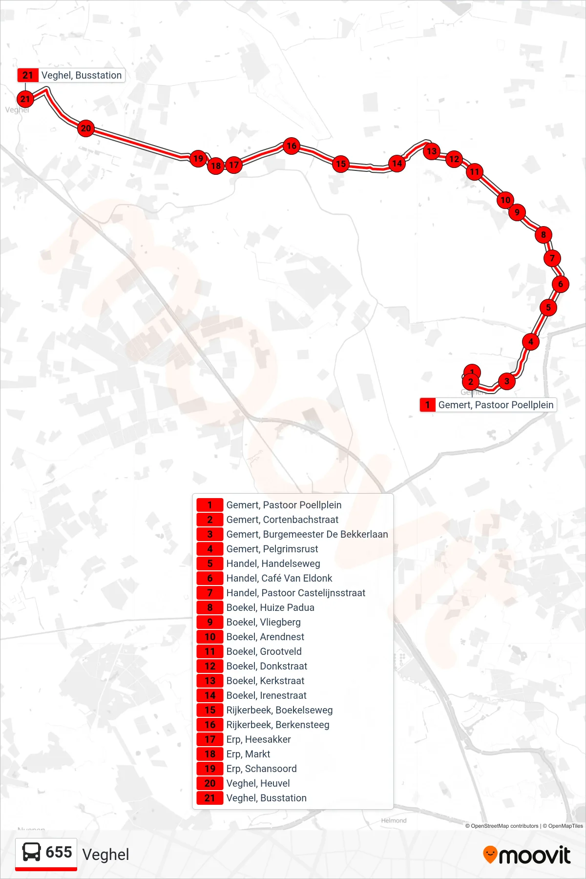 Lijn 655 (bus, Veghel): route en haltes op de kaart
