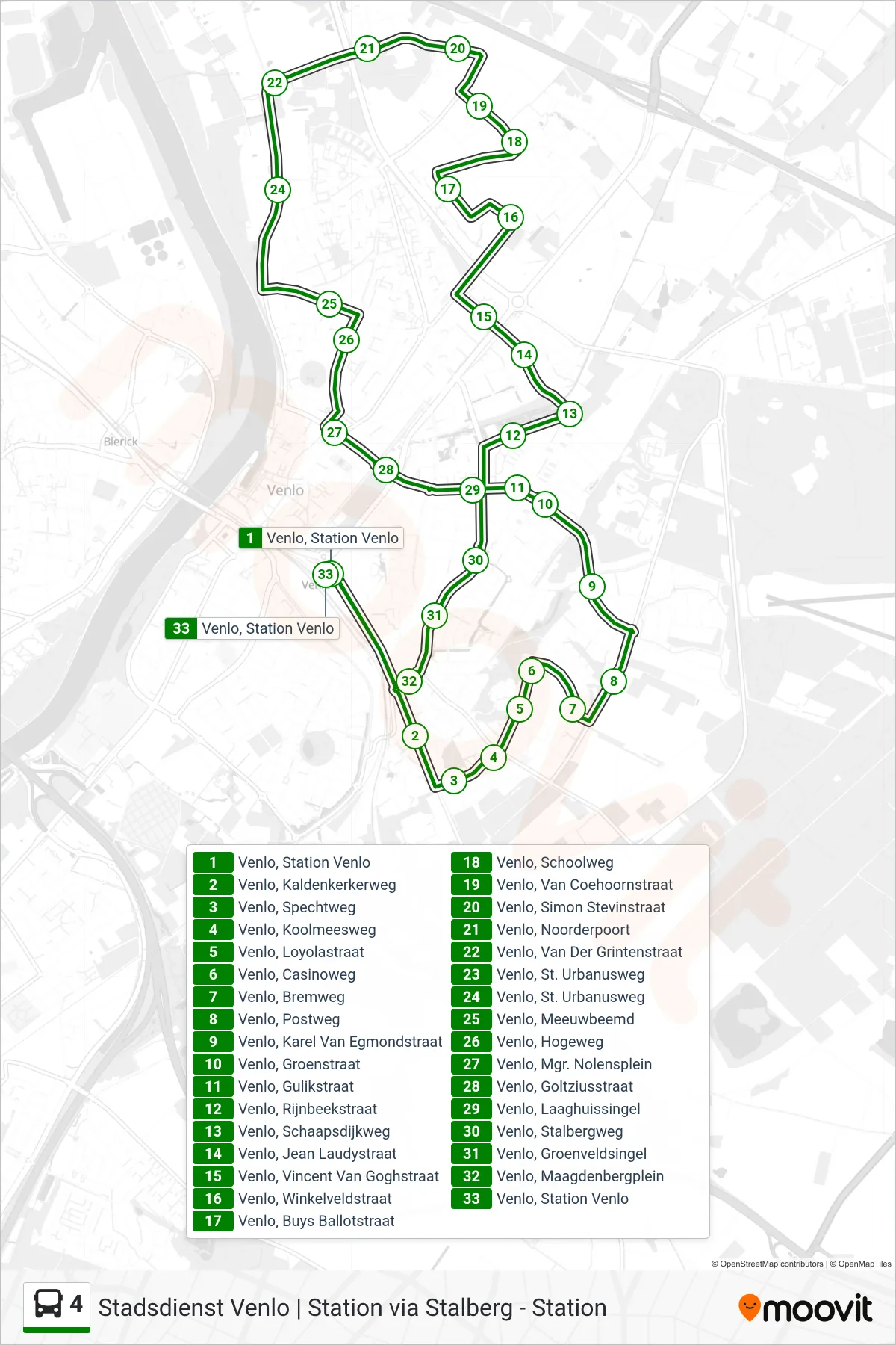 Lijn 4 (bus, Venlo): route en haltes op de kaart