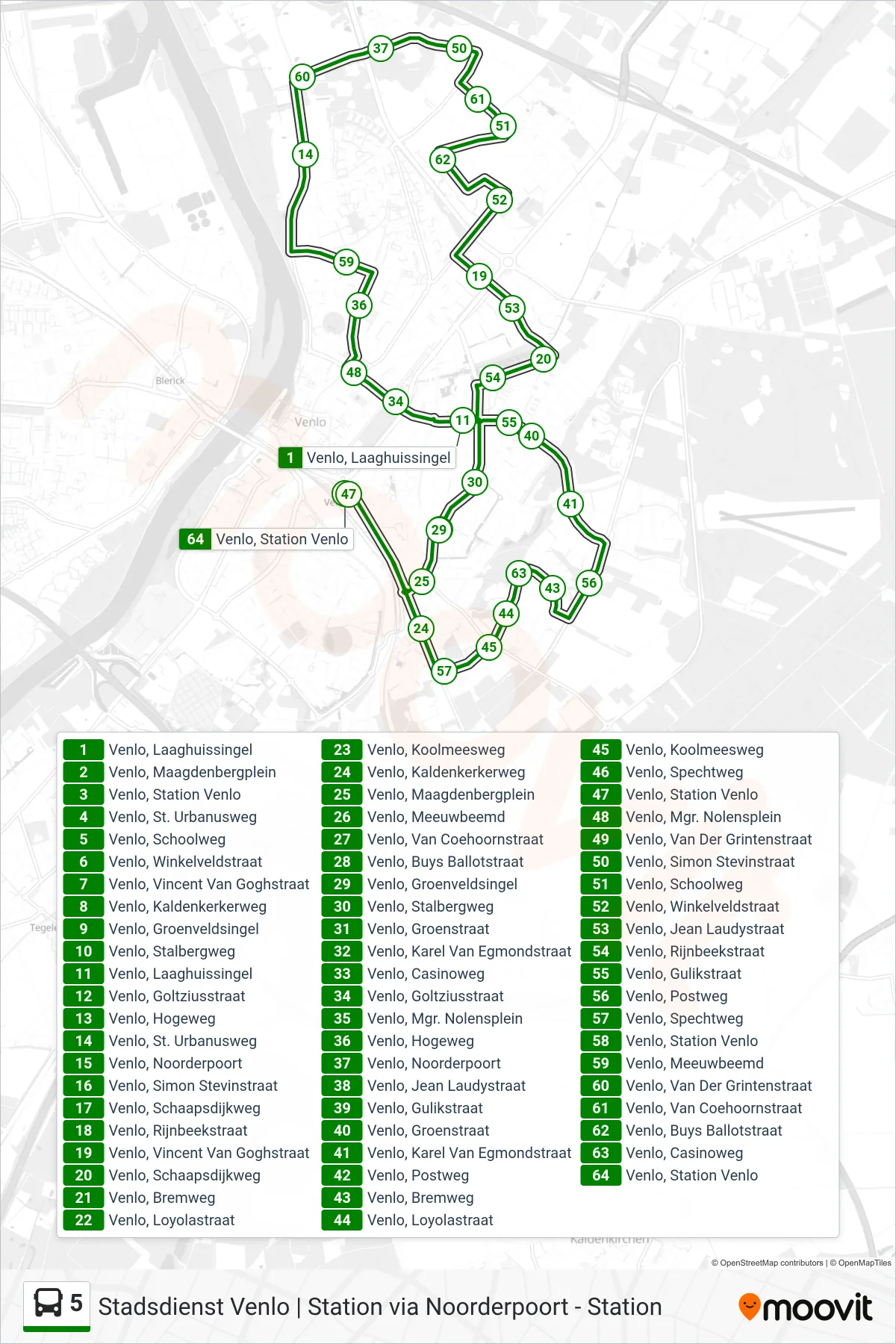 Lijn 5 (bus, Venlo Gulikstraat): route en haltes op de kaart