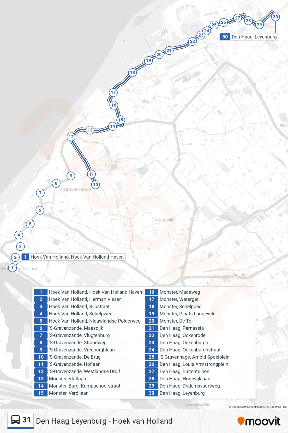 Lijn 31 (bus, Den Haag Leyenburg): route en haltes op de kaart