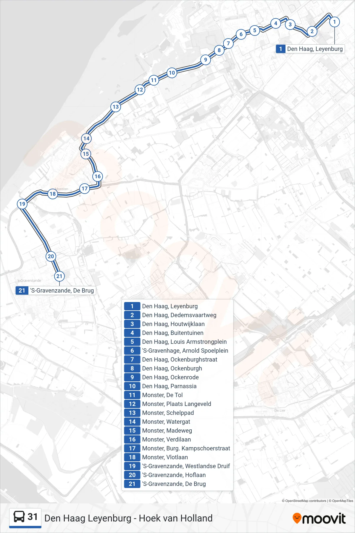31 bus Line ('S-Gravenzande De Brug) route and stops on a map